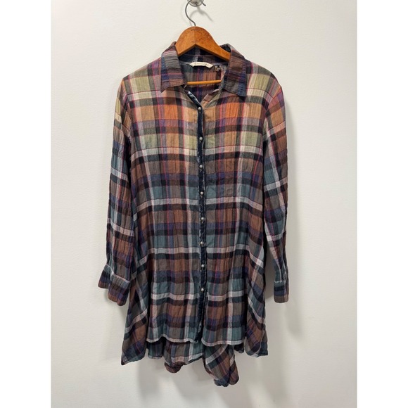 Soft Surroundings Tops - Soft Surroundings Plaid Gauzy Shirt Dress Velvet Trim Cinch Back Multi Color M